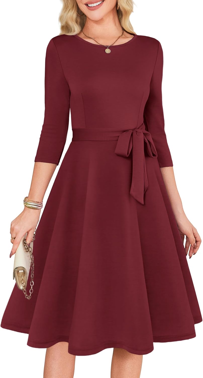 RUMIA Womens Cocktail Dresses 3\/4 Sleeve Dress with Belt (XS-3XL) | Wrinkle-resistant & Tummy-flattering Vintage Fit. Ideal for Wedding Guest, Church, Work, Vacation & Holiday events.