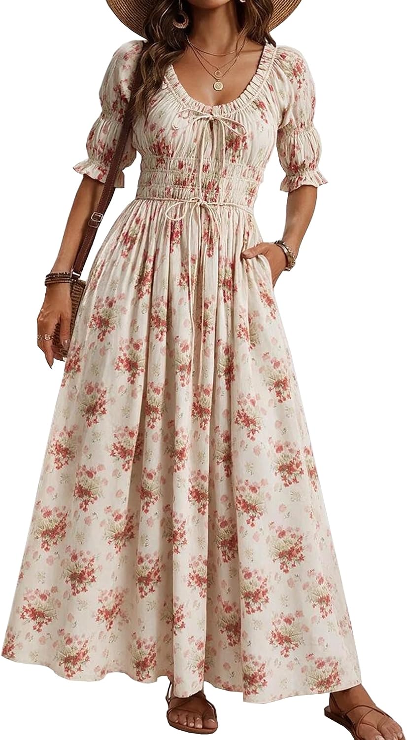 LEYRASON Women's Boho Floral Puff Sleeve Maxi Dress with Pockets | Scoop Neck Short Sleeve, A Line, Smocked Tie Long Flowy Dresses, Beach Vacation, Wedding Guest, Spring Summer Fall Outfits
