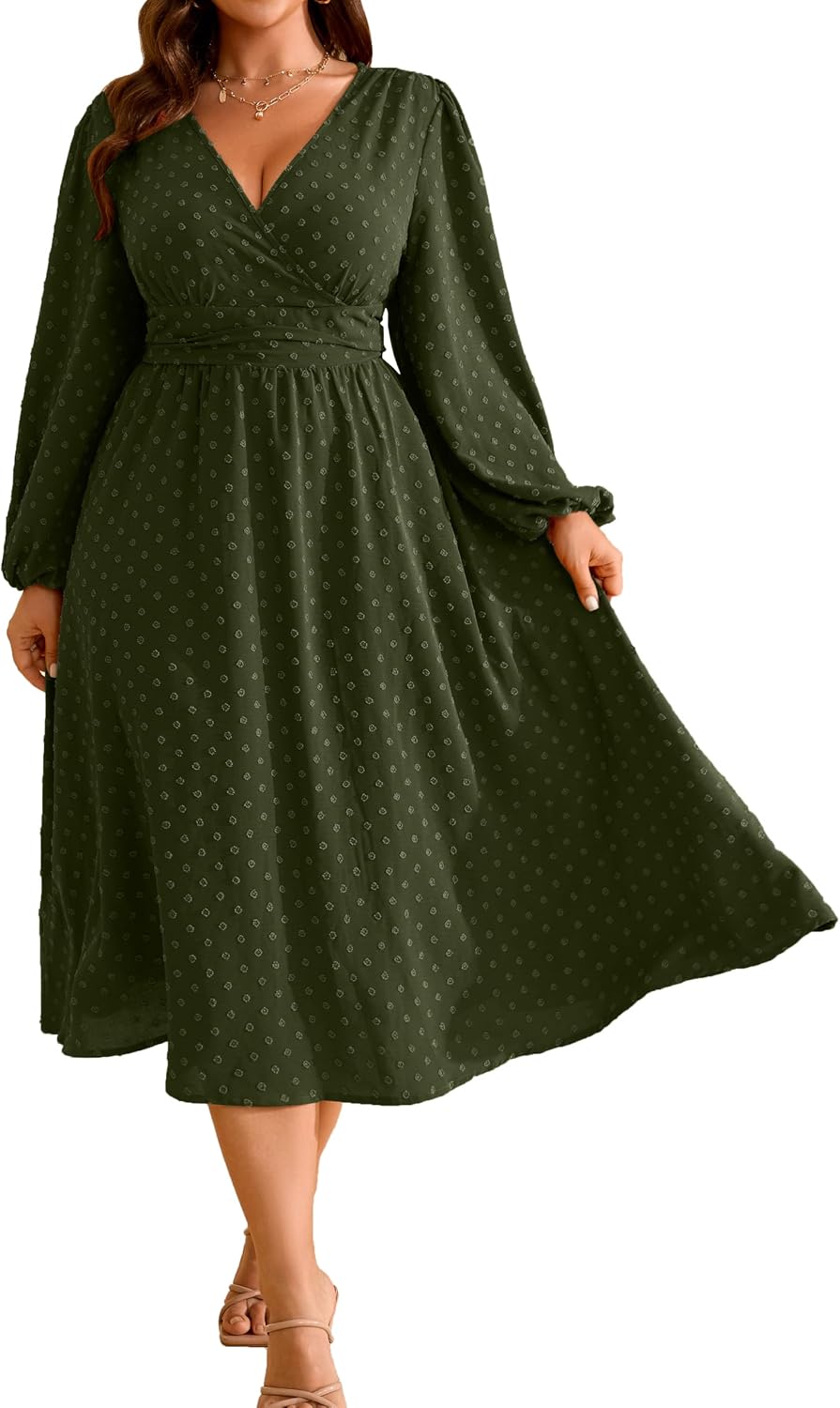 RWJ Women's Plus Size Fall Wedding Guest Dress V Neck Swiss Dot Long Sleeve | Semi Formal, Business Casual, Daily, Cocktail Party, Graduation, Homecoming, Evening, Date, Special Event, Funeral, Festive