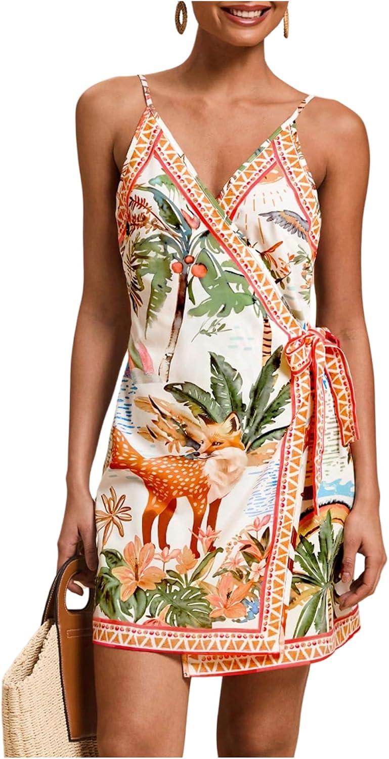 RoseSeek Women's Tropical Print Wrap Dress Sleeveless Vacation Dresses | Short Summer Dresses, Beach Vacation Outfits, Tropical Print Cami Dress, V Neck Dress