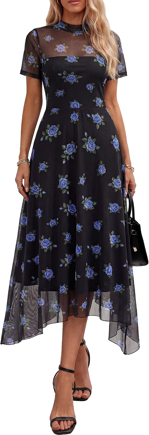 PRETTYGARDEN Women's Floral Mesh Midi Dress | Summer Wedding Guest Dresses,Short Sleeve Mock Neck A-Line,Semi-Sheer Overlay,Fit & Flare,Cocktail Party,Date Night Outfits