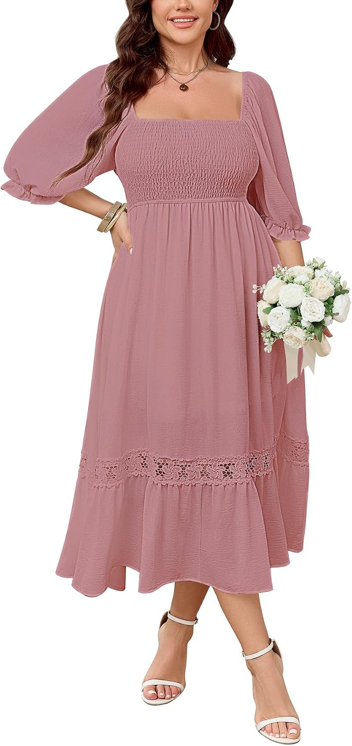SCOMCHIC Womens 2026 Plus Size Fall Dresses White Bridal Shower Maxi Dress | Square Neck, Smocked, Spring, Flowy A-Line, Lace Trim, Boho, Wedding Guest, Tea Party Dress