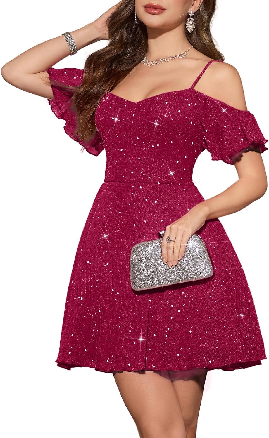 Meetjen Women's Sparkly Formal Cocktail A Line Short Homecoming Dress Teen | Off Shoulder, Tulle Sequin Prom Dresses, Spaghetti Strap, Wedding Guest, Junior Bridesmaid, Elegant Fancy Mini Party Dress
