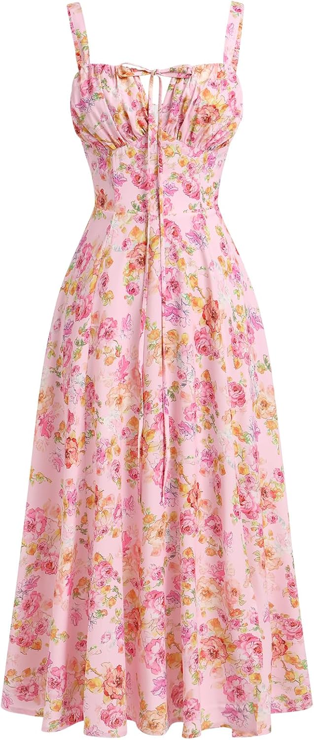Women's Floral Corset Dress Formal Cocktail Dresses Going Out Casual Sundress Split Thigh Spaghetti Strap Vintage Dress