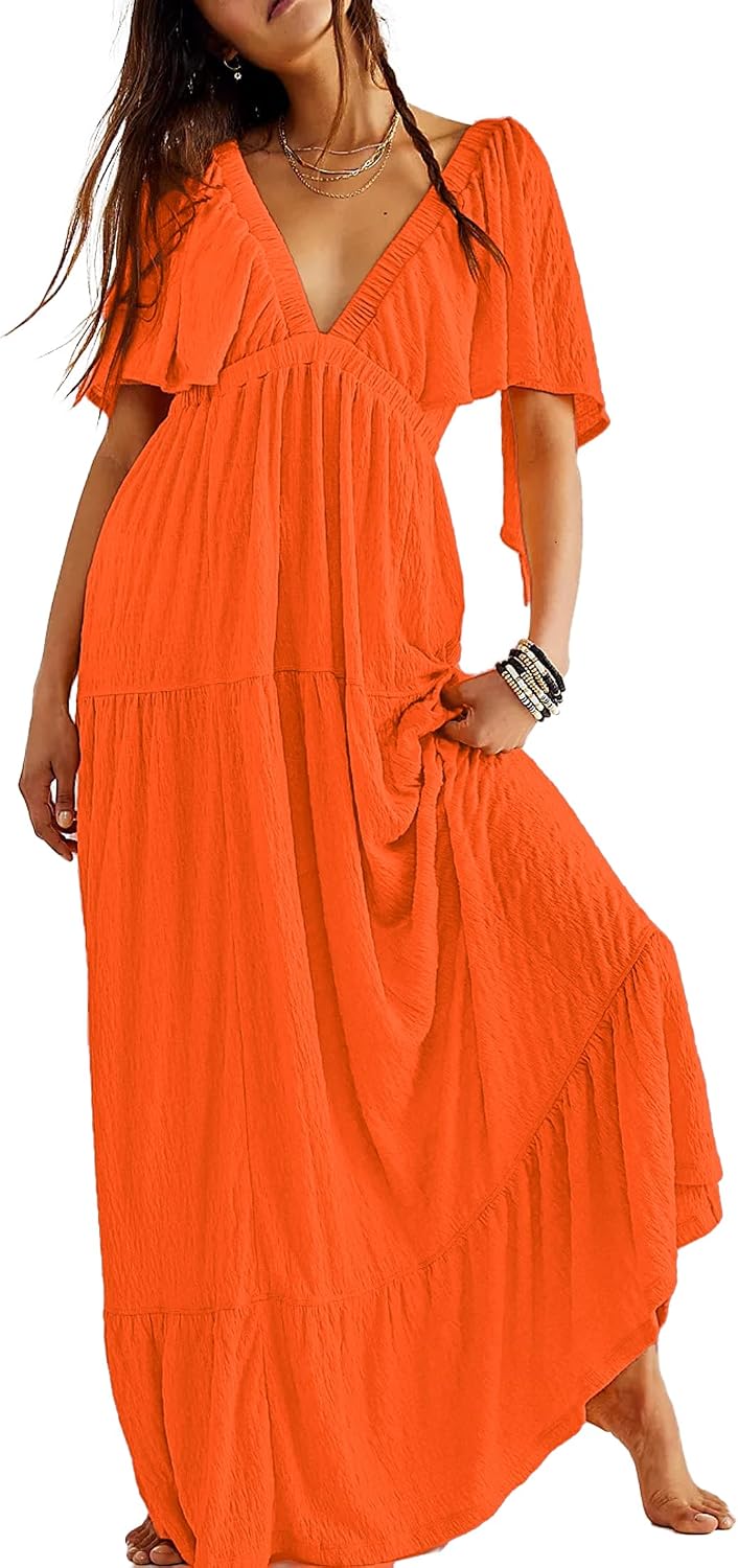 Kikibell Women Summer Dresses Sexy V-Neck Maxi Dress Tiered Silhouette with Flutter Sleeve Backless Elastic Waist Flowy Dress