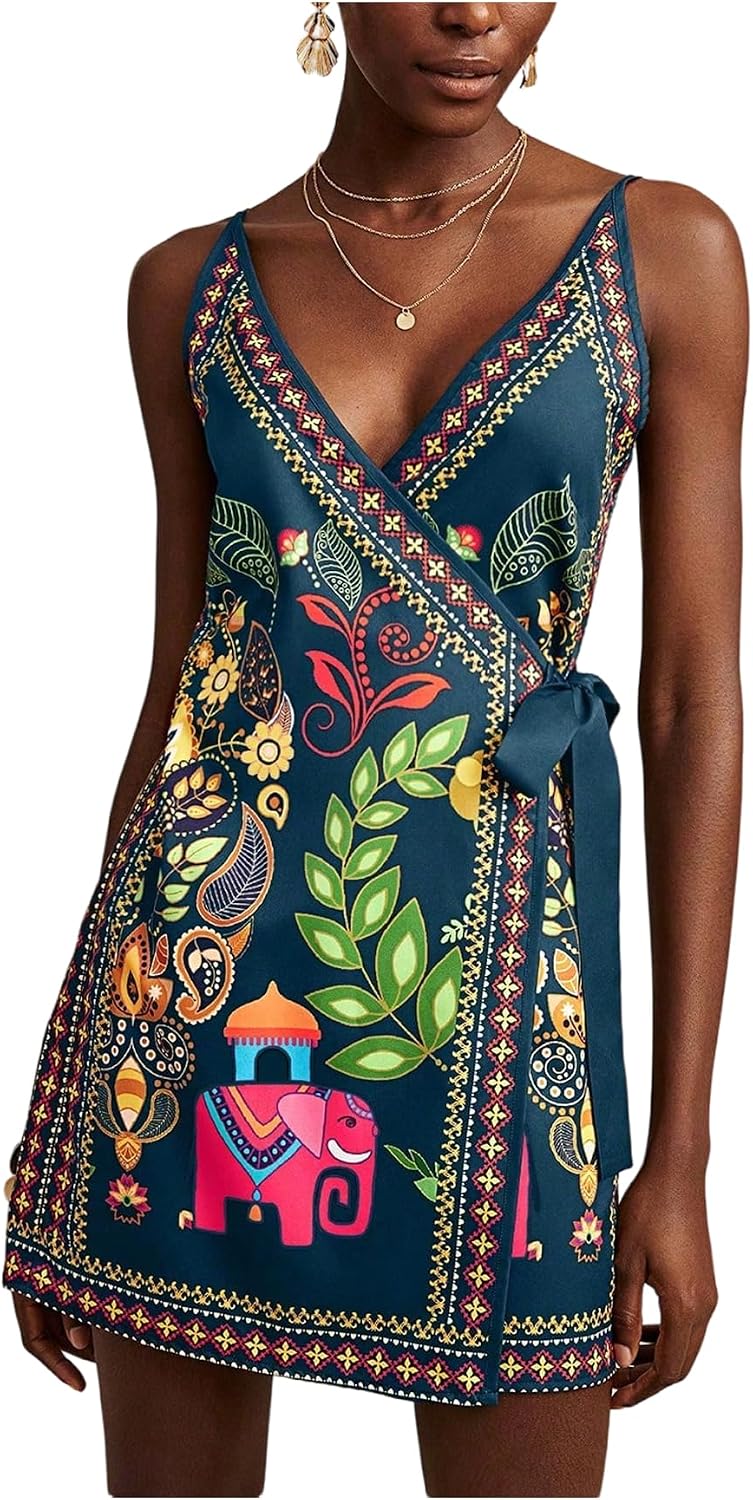 RoseSeek Women's Tropical Print Wrap Dress Sleeveless Vacation Dresses | Short Summer Dresses, Beach Vacation Outfits, Tropical Print Cami Dress, V Neck Dress