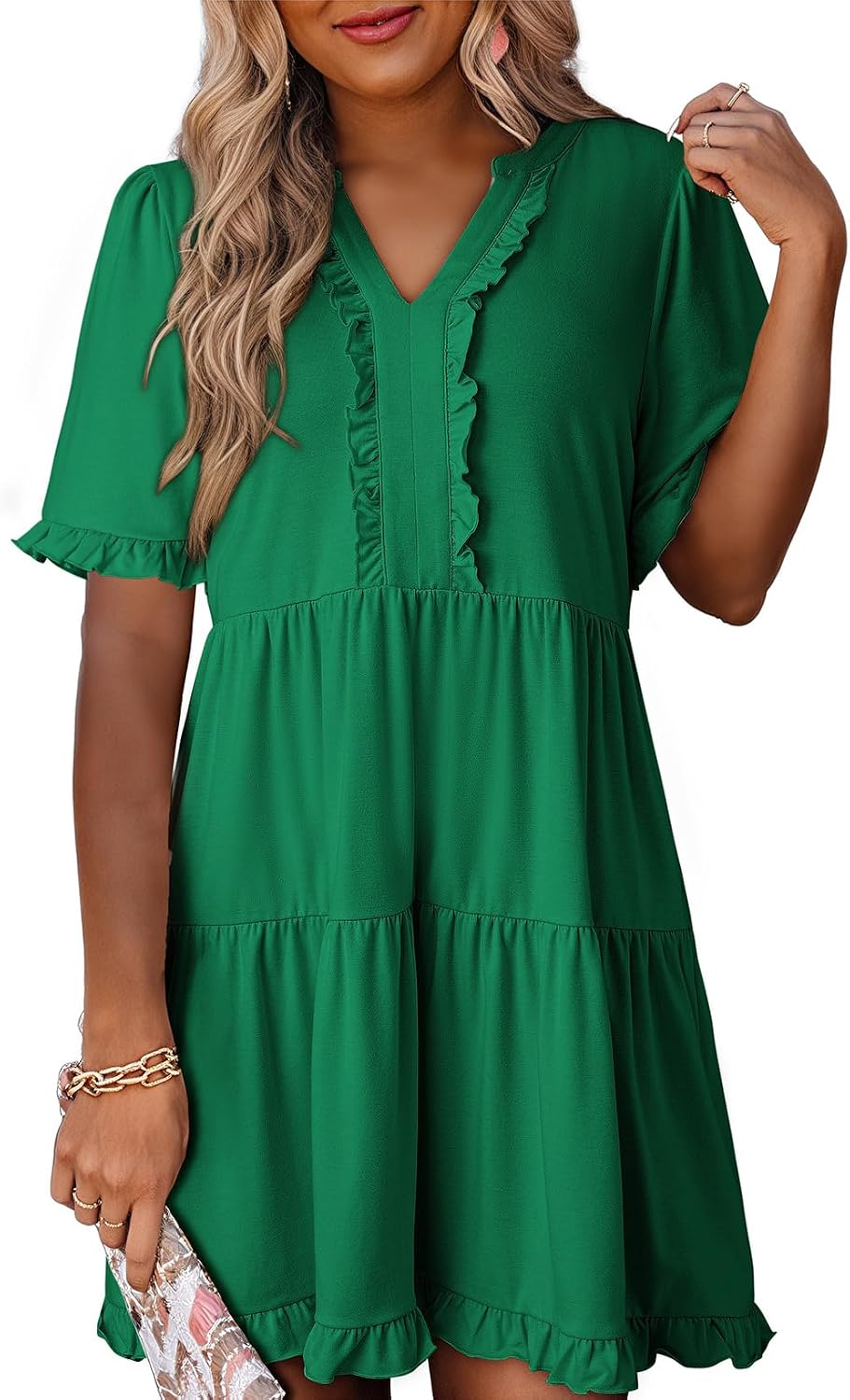 Dokotoo Womens A Line Babydoll Casual Summer Dresses with Pockets | Short Sleeve, V Neck, Hide Tummy, Cute Flowy Western Dress, Mini Short Casual Dress for Graduation Party Date Night Teacher