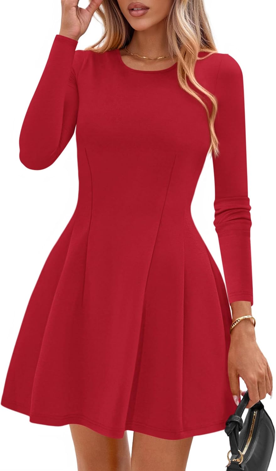 PRETTYGARDEN Womens Long Sleeve Pleated Mini Dress | Soft Knit Fabric, A Line Babydoll Fit, Crewneck Short Dresses, Casual Party Date Night Outfits, Fall Winter Trendy Clothes