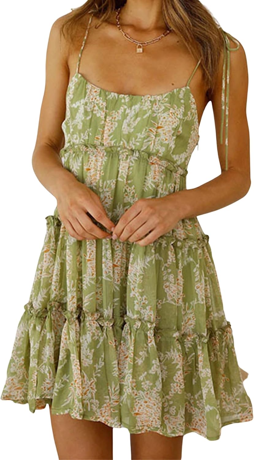 Mansy Boho Floral Mini Dress for Women Spaghetti Strap Ruffle Sundress | 2026 cottagecore A-line skater cut,adjustable straps & smocked bust. Casual wear for beach,school,vacation