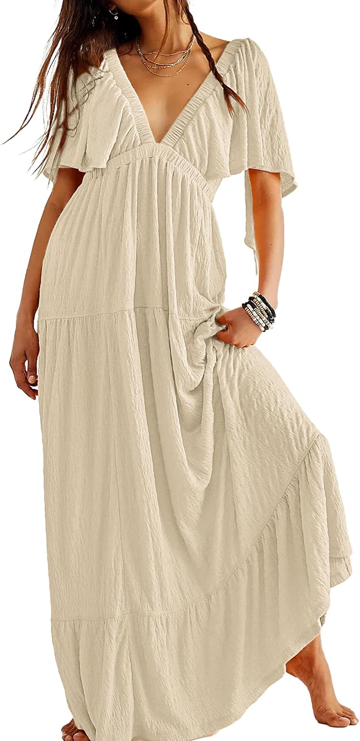 Kikibell Women Summer Dresses Sexy V-Neck Maxi Dress Tiered Silhouette with Flutter Sleeve Backless Elastic Waist Flowy Dress