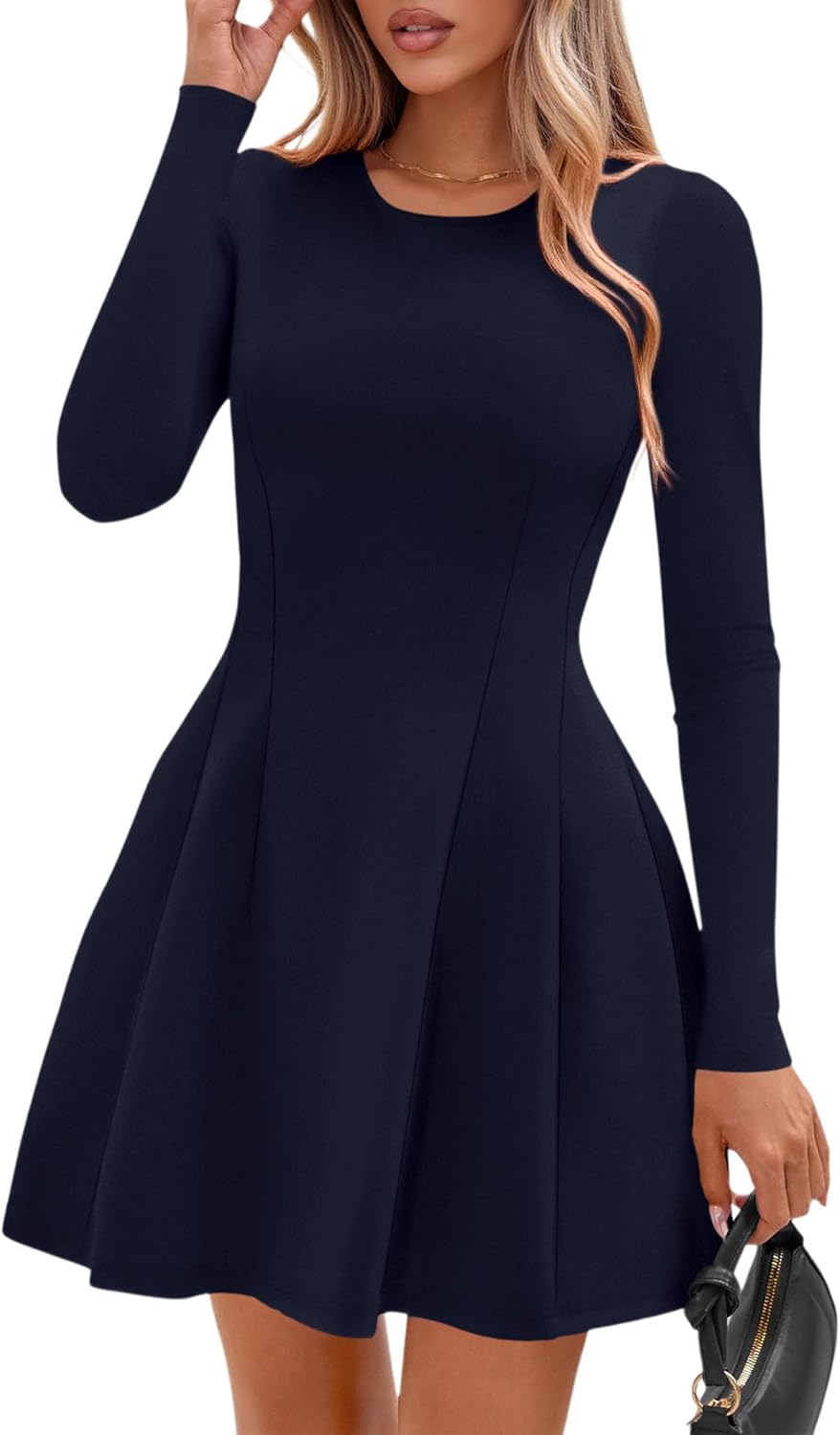 PRETTYGARDEN Womens Long Sleeve Pleated Mini Dress | Soft Knit Fabric, A Line Babydoll Fit, Crewneck Short Dresses, Casual Party Date Night Outfits, Fall Winter Trendy Clothes