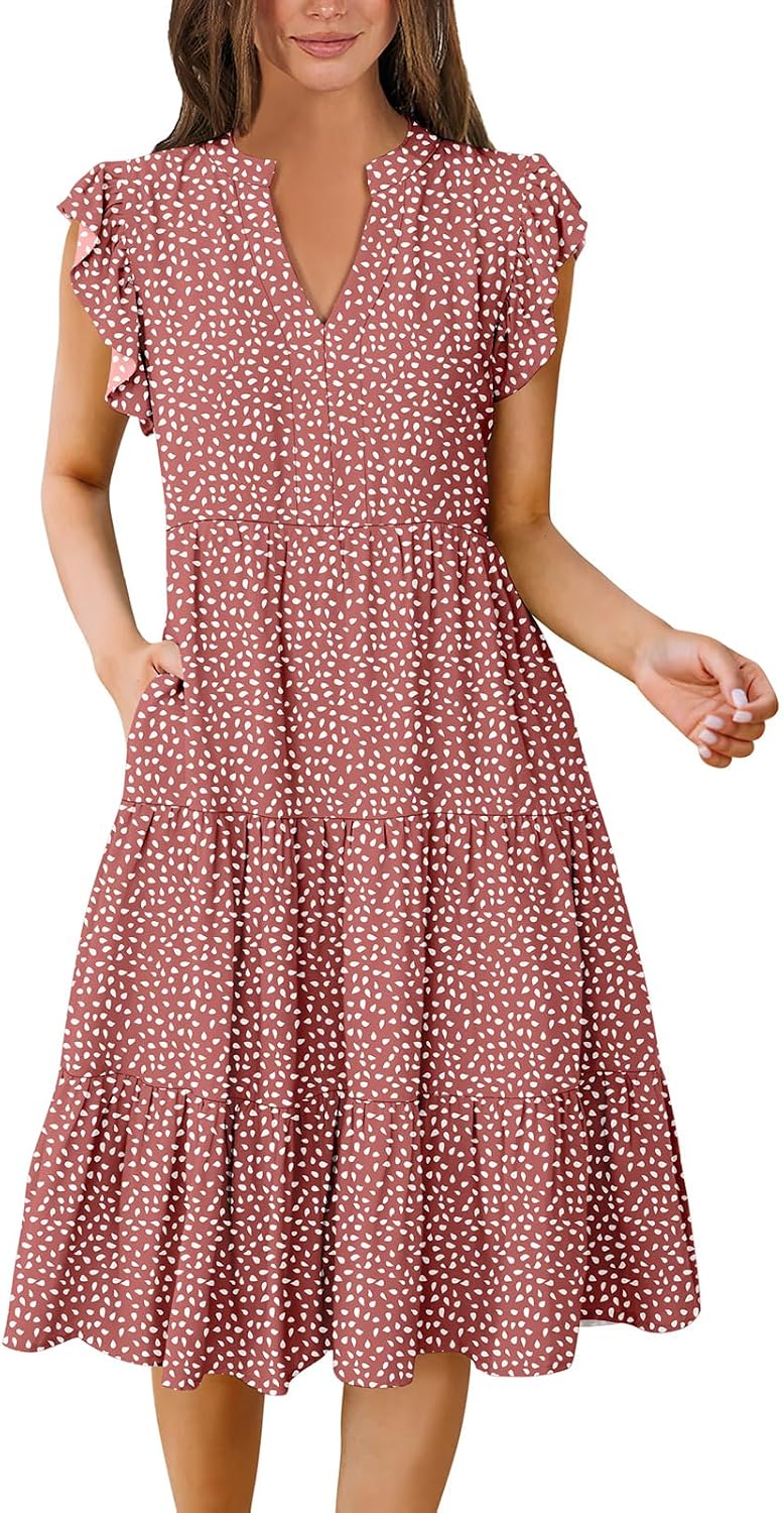 ANRABESS Womens Summer Dress Ruffle Sleeve V Neck Midi Dresses | Flowy Tiered Boho Beach Sundress, Casual Fit Knee Length, Fashion Vacation Work Outfits 2026
