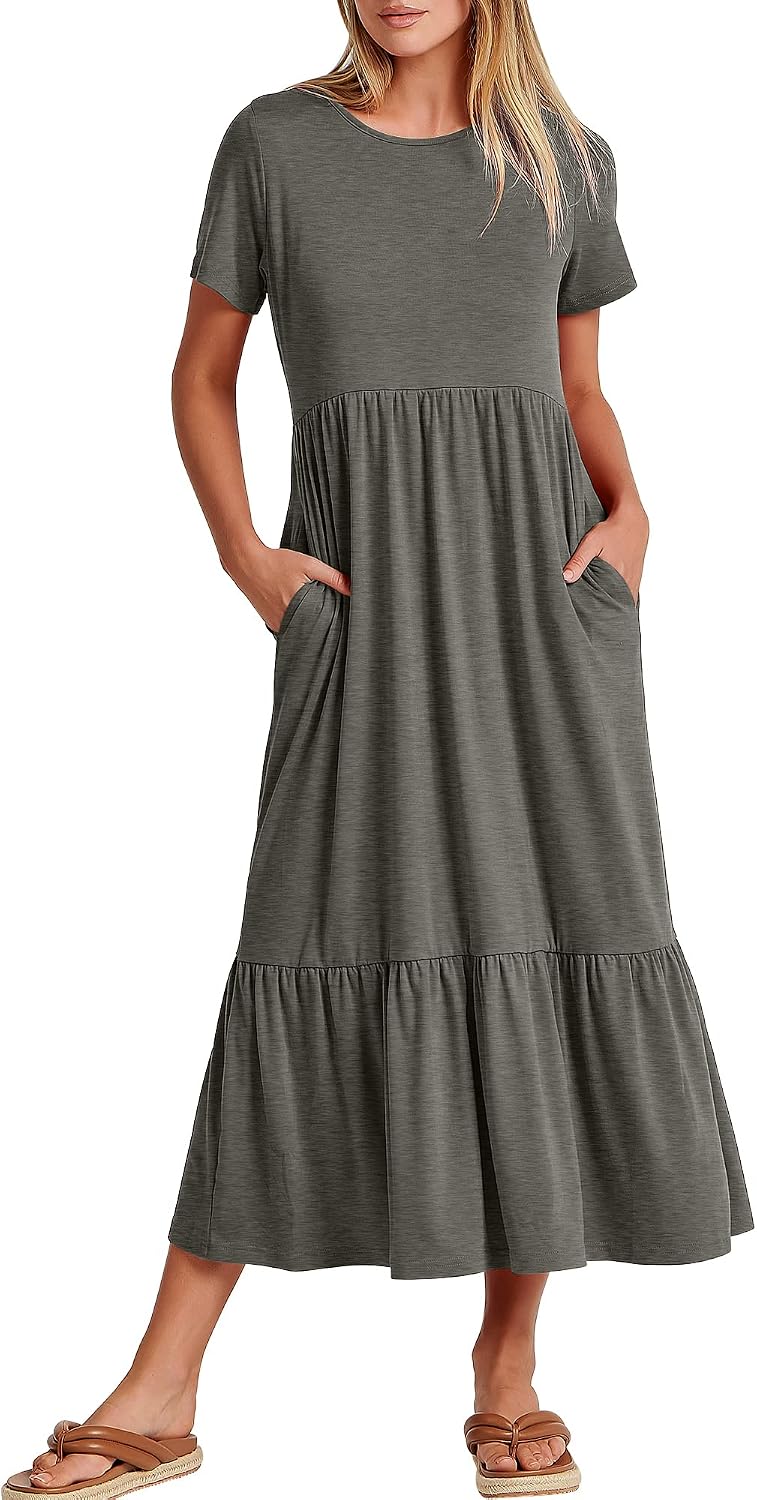 ANRABESS Womens 2026 Summer Casual Short Sleeve Maxi Dress with Pockets | A-Line Tiered Flowy Crewneck T Shirt Dresses，Comfy Modest Long Dress，Beach Travel Vacation Sundress，Work Teacher Outfits