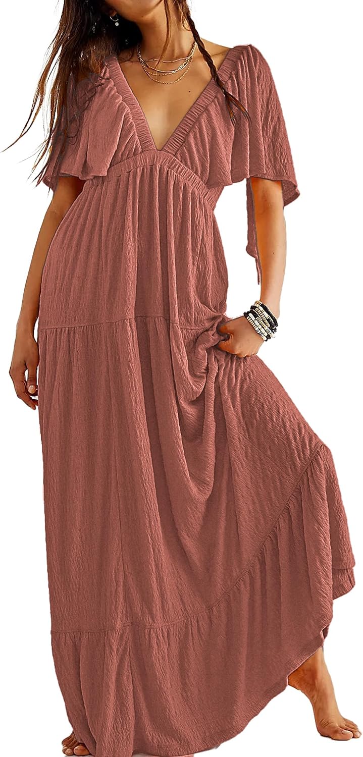 Kikibell Women Summer Dresses Sexy V-Neck Maxi Dress Tiered Silhouette with Flutter Sleeve Backless Elastic Waist Flowy Dress