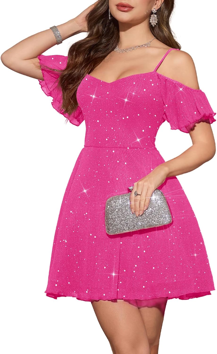 Meetjen Women's Sparkly Formal Cocktail A Line Short Homecoming Dress Teen | Off Shoulder, Tulle Sequin Prom Dresses, Spaghetti Strap, Wedding Guest, Junior Bridesmaid, Elegant Fancy Mini Party Dress