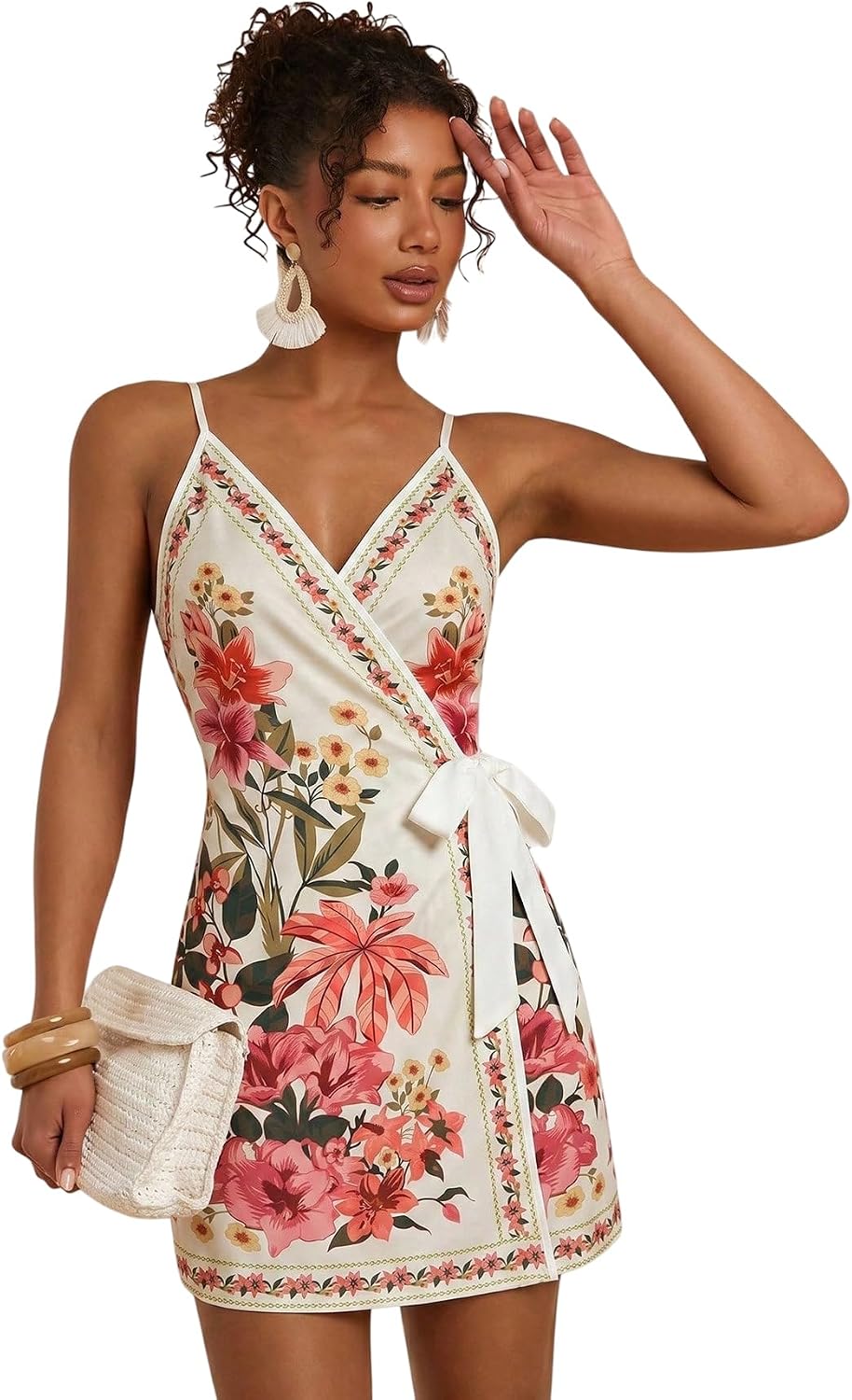 RoseSeek Women's Tropical Print Wrap Dress Sleeveless Vacation Dresses | Short Summer Dresses, Beach Vacation Outfits, Tropical Print Cami Dress, V Neck Dress