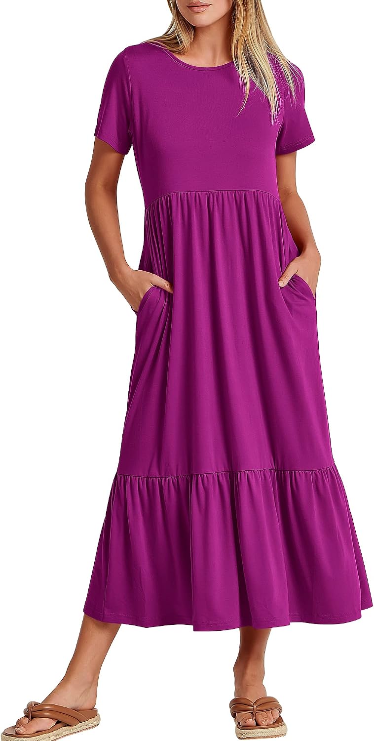 ANRABESS Womens 2026 Summer Casual Short Sleeve Maxi Dress with Pockets | A-Line Tiered Flowy Crewneck T Shirt Dresses，Comfy Modest Long Dress，Beach Travel Vacation Sundress，Work Teacher Outfits