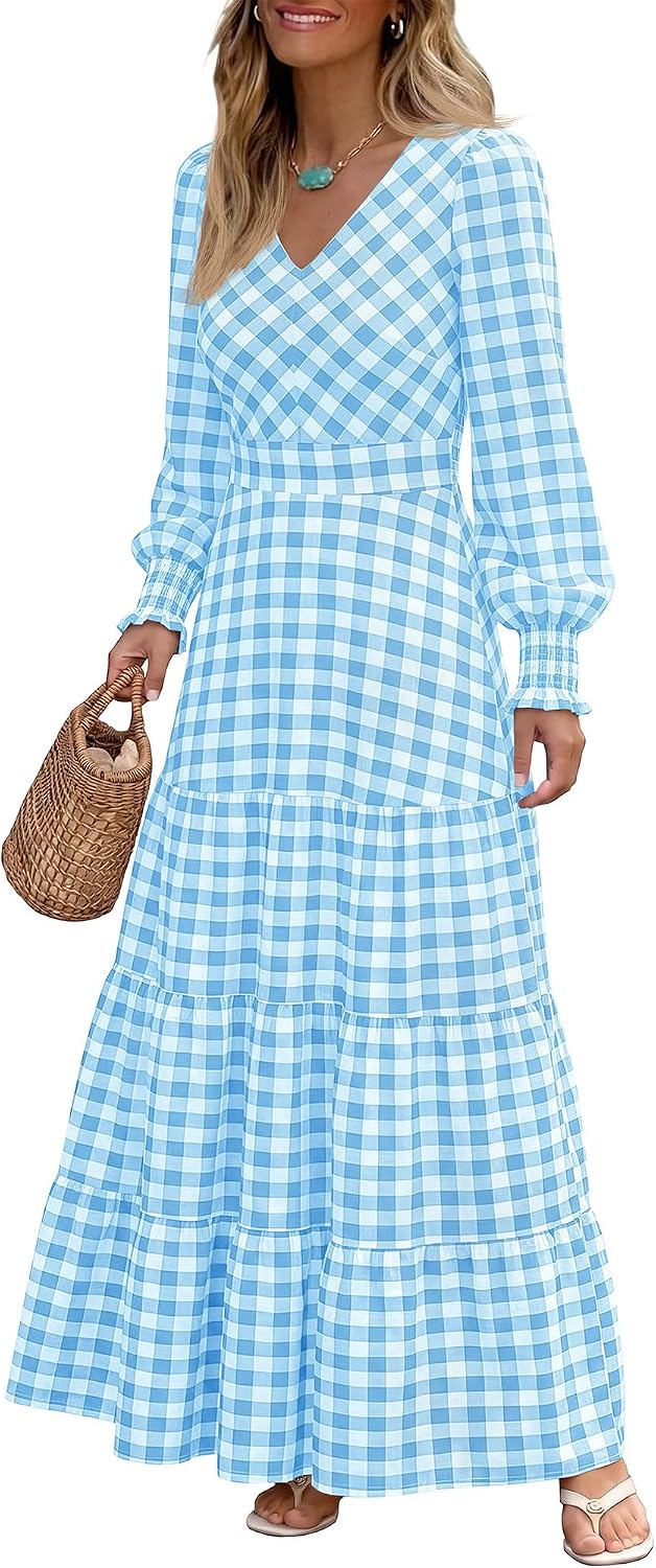 Caracilia Womens Long Sleeve Gingham Striped Flowy A-Line Fall Maxi Dress | Casual Smocked Church Dresses,Cuff Sleeve Pockets,Soft Lightweight V Neck Tiered, Boho Daily Wear,Travel Vacation Clothes
