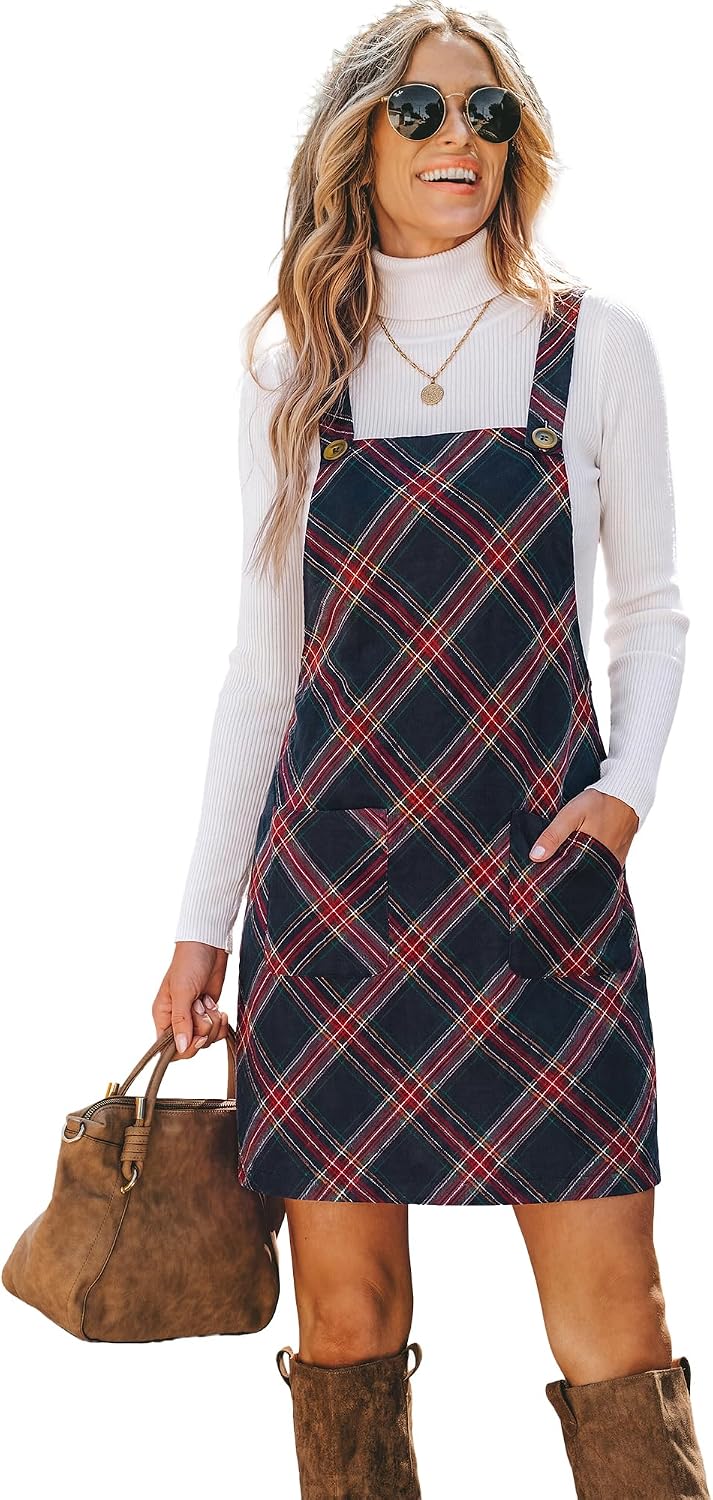 CUPSHE Women Corduroy Square Neck Wide Strap Fall Overall Mini Dress | Velvety Ribbed Texture, Front Bib Pocket, Utility Patch Pouches, High-Looped Buckle Fasteners, Casual Warm Autumn Outfits
