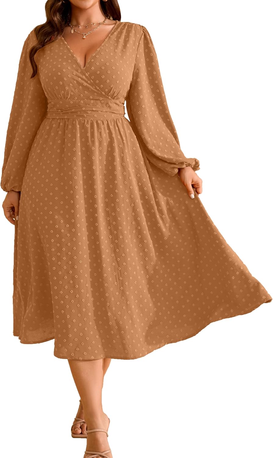 RWJ Women's Plus Size Fall Wedding Guest Dress V Neck Swiss Dot Long Sleeve | Semi Formal, Business Casual, Daily, Cocktail Party, Graduation, Homecoming, Evening, Date, Special Event, Funeral, Festive