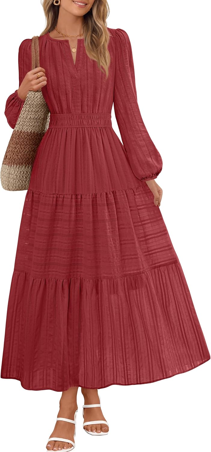 MEROKEETY Womens Fall Puff Long Sleeve Casual V Neck Modest Midi Maxi Dress | 2026, Cotton, with Pockets, Eyelets, Shirred Waist, Tiered, Lined, Winter, Boho, Relaxed Fit, Church, Elegant, Bridal Shower