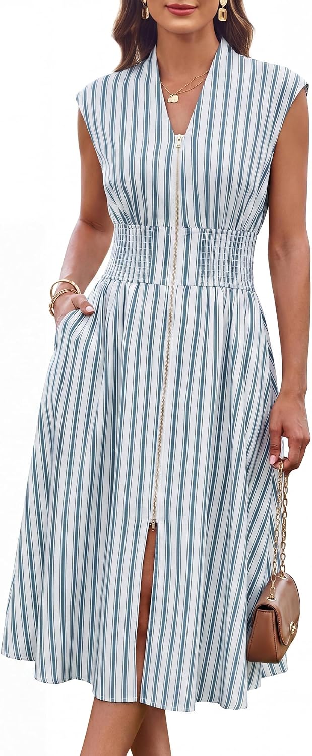 GRACE KARIN Womens Casual Dress, Business Office Work Homecoming Dresses | 2026, Cap Sleeve, Zipper Front, V Neck, Professional, Knee Length, Sleeveless, Flowy, Midi, Fall, Formal, Wedding, Hoco