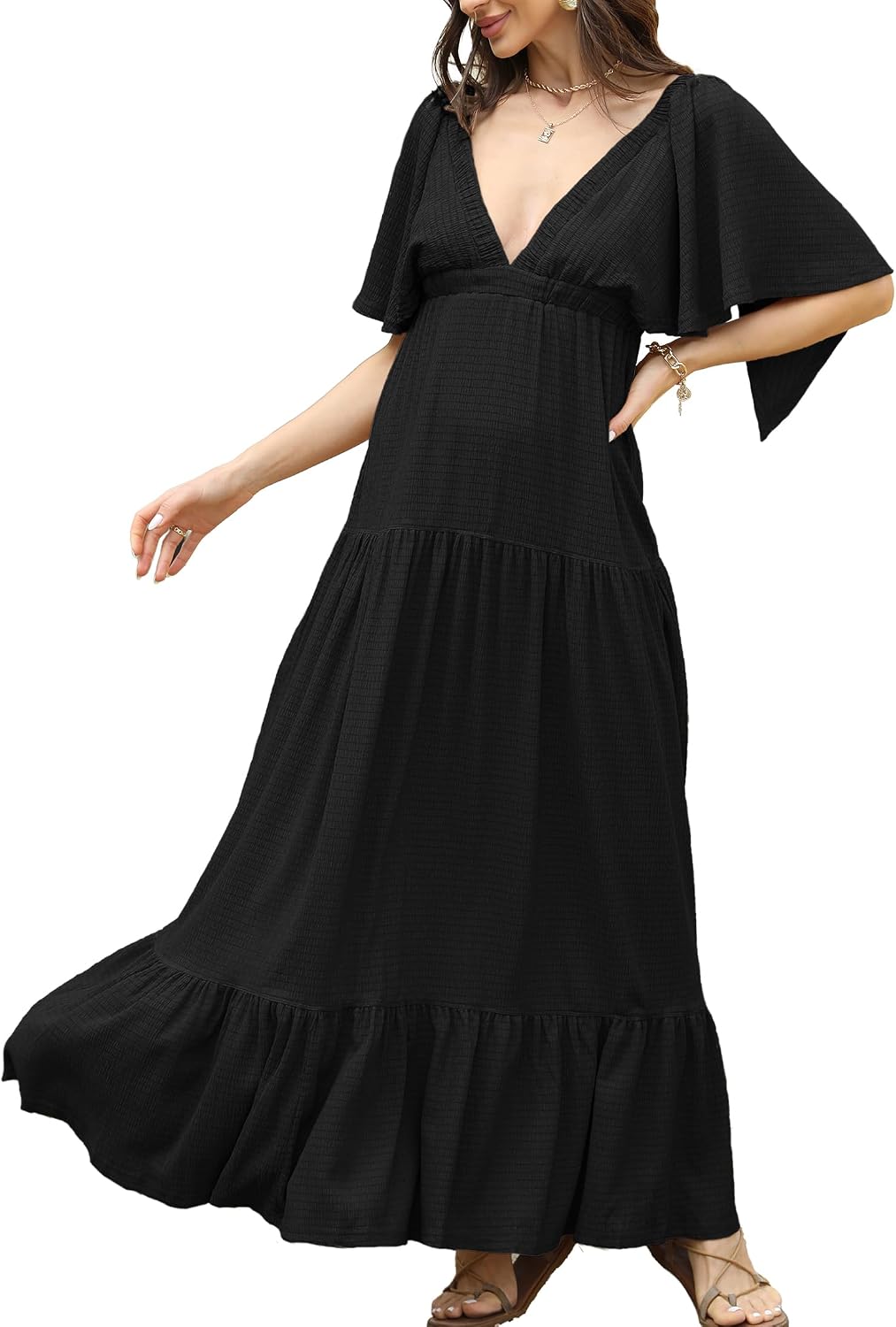 Kikibell Women Summer Dresses Sexy V-Neck Maxi Dress Tiered Silhouette with Flutter Sleeve Backless Elastic Waist Flowy Dress