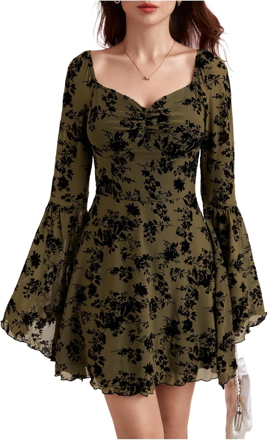 WDIRARA Women's Floral Jacquard Gothic Bell Long Sleeve Dress | Mesh , A Line, Vintage