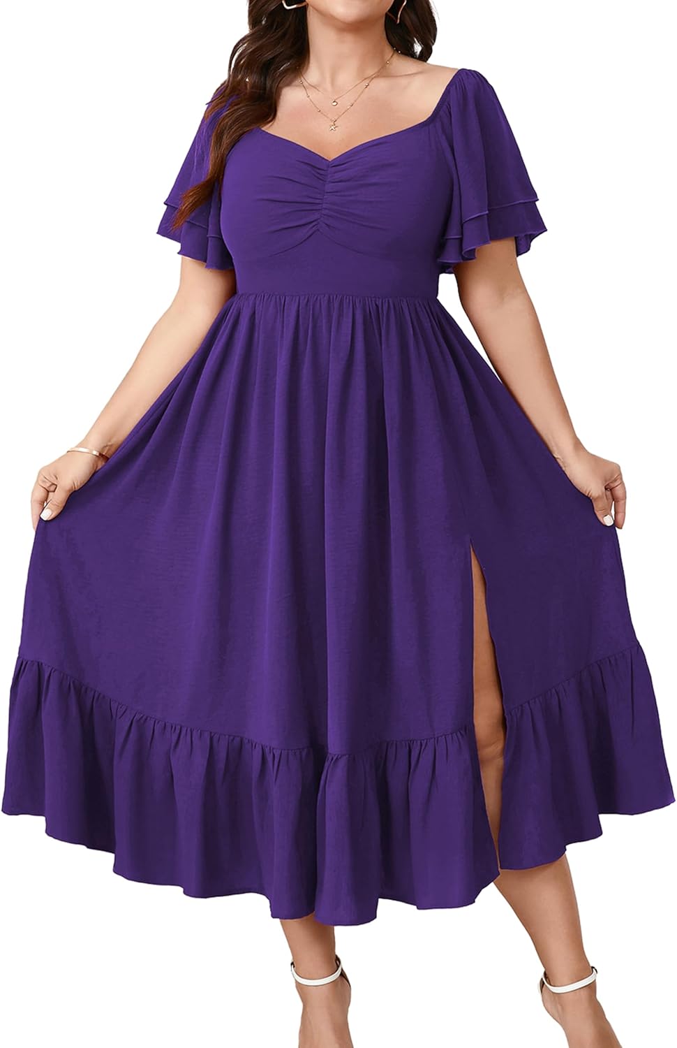 SCOMCHIC Womens Plus Size Wedding Guest Cocktail Dresses | Sweetheart Neckline, Short Sleeve, Smocked, Ruffle Slit, Party, Formal, Summer, Long, Maxi Dress