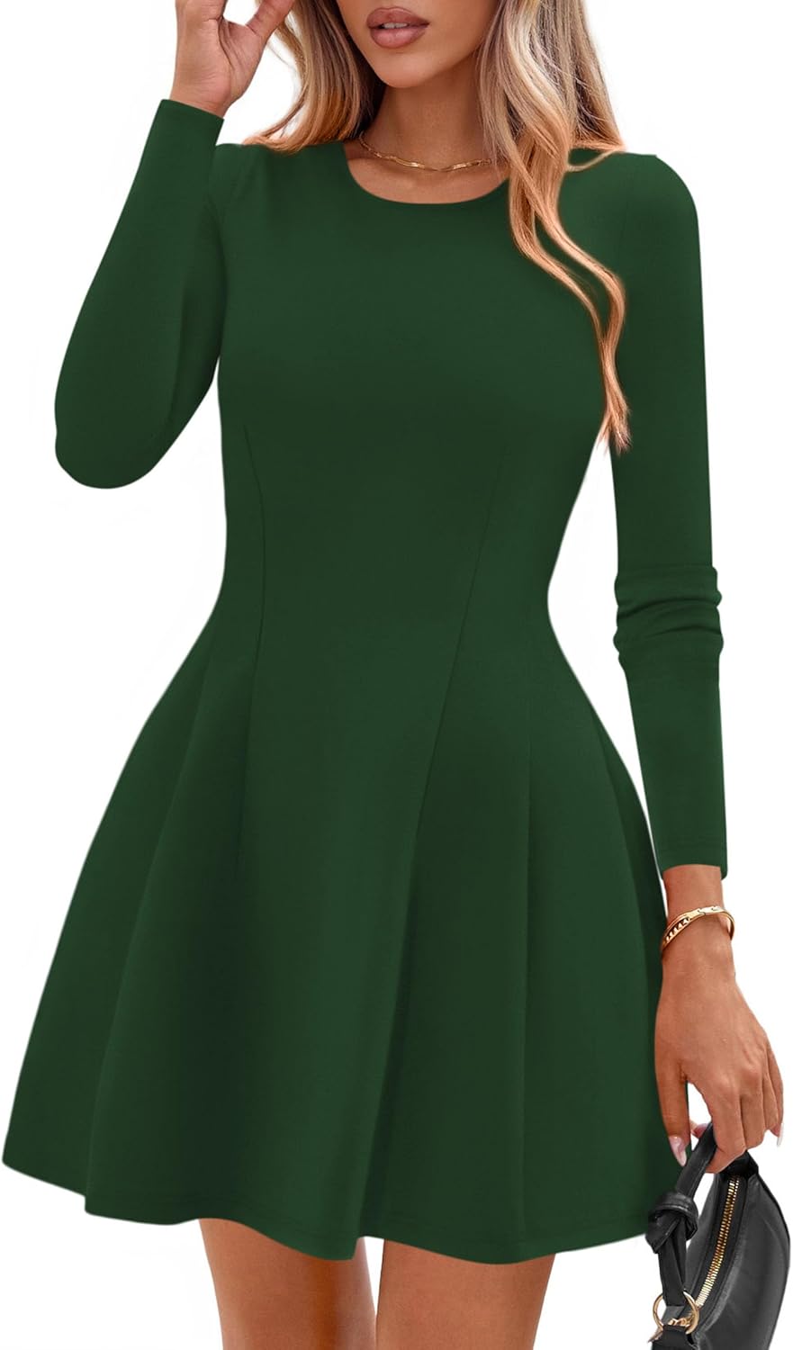 PRETTYGARDEN Womens Long Sleeve Pleated Mini Dress | Soft Knit Fabric, A Line Babydoll Fit, Crewneck Short Dresses, Casual Party Date Night Outfits, Fall Winter Trendy Clothes