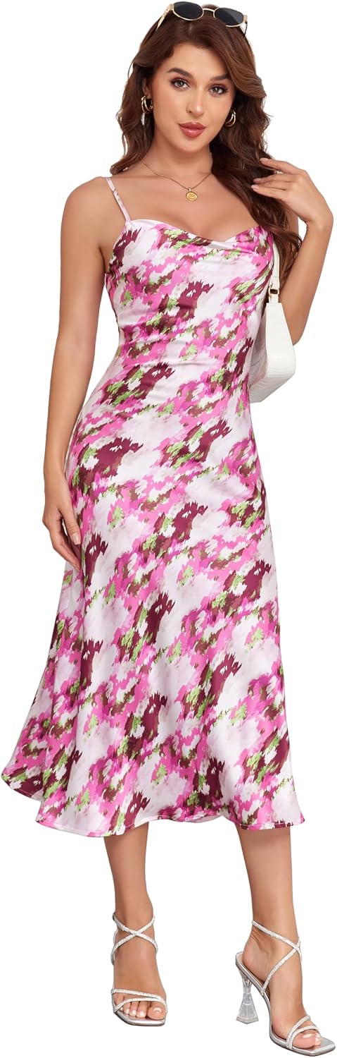 Women's Spaghetti Strap Midi Satin Silk Dresses Slip Cowl Neck Party Cocktail Evening Sexy Dress