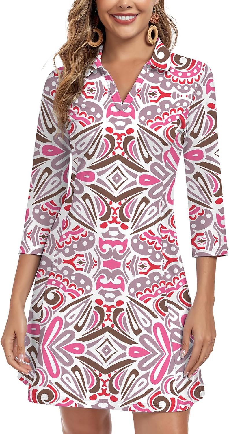 WOWENY 3\/4 Sleeve Dress for Women with Pockets V Neck UPF 50+ Casual Sun Dress Breathable Quick Dry Beach Vacation