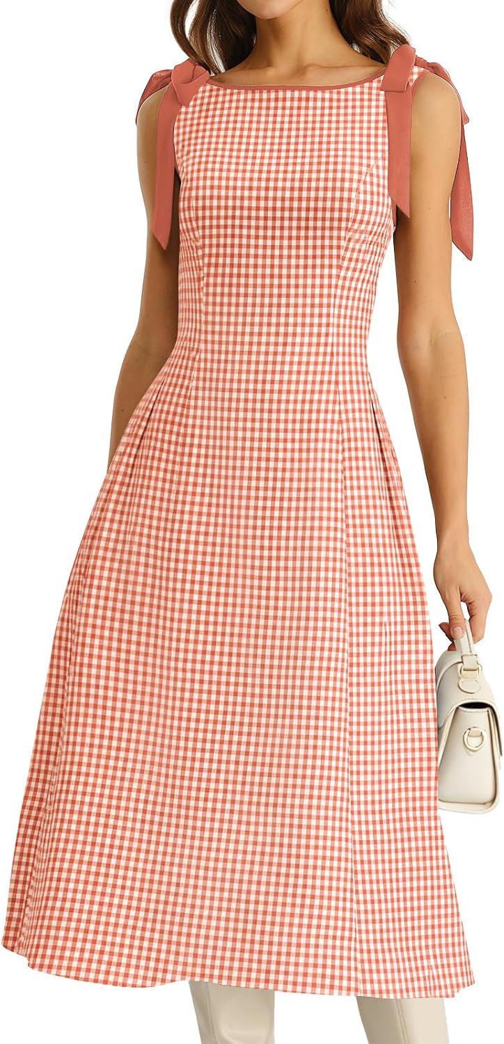 RIHOAS Women's Plaid Gingham Dress Casual Summer Midi Dresses for Women | Cute,Boat Neck,Non-adjustable Bow,A line,Vintage,Sleeveless,Spring,Winter,Casual Daily,Picnic,Travel,Vacation,Christmas