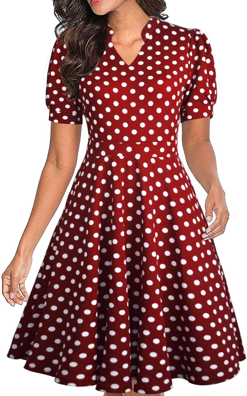 Mokayee Womens Summer Short Puff Sleeve Casual Semi-Formal Fit and Flare Church Wedding Guest Work Dresses with Pockets