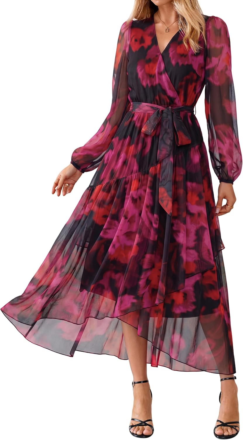 Simplee Women's Floral Long Sleeve Mesh Wedding Guest Maxi Dress | Fall V Neck Faux Wrap, Elegant Flowy A Line High Low Hem, Sheer Sleeve, Formal Tea Party Midi Dress