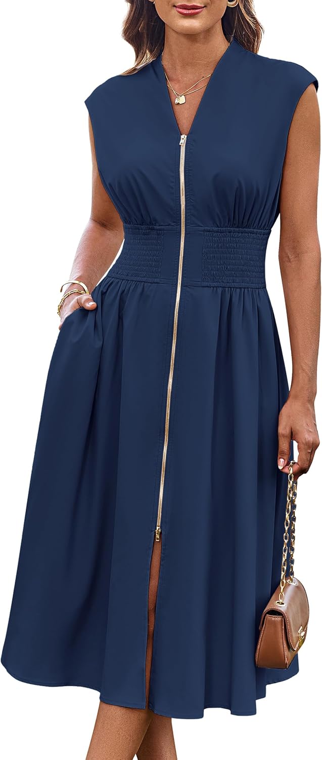 GRACE KARIN Womens Casual Dress, Business Office Work Homecoming Dresses | 2026, Cap Sleeve, Zipper Front, V Neck, Professional, Knee Length, Sleeveless, Flowy, Midi, Fall, Formal, Wedding, Hoco
