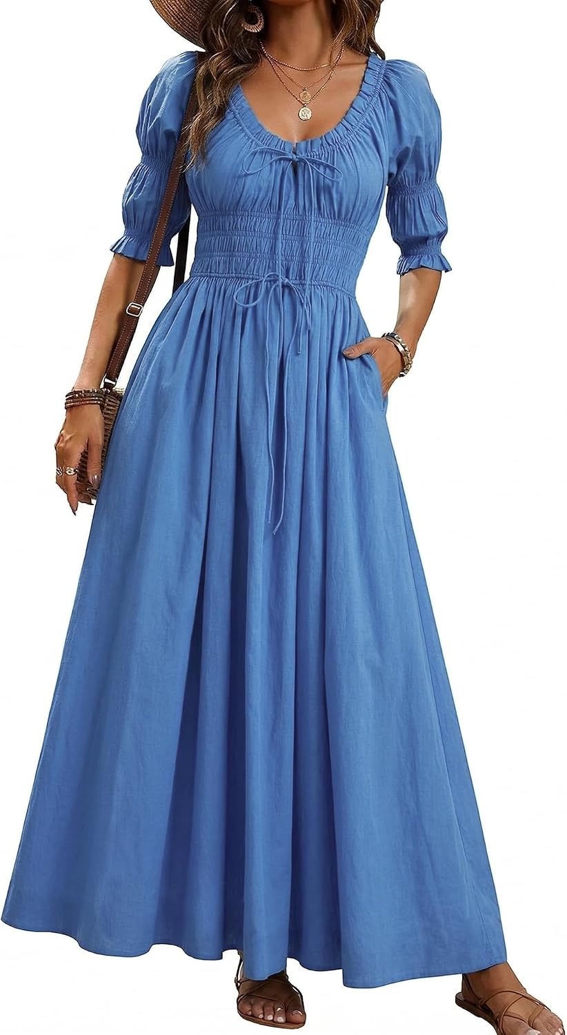 LEYRASON Women's Boho Floral Puff Sleeve Maxi Dress with Pockets | Scoop Neck Short Sleeve, A Line, Smocked Tie Long Flowy Dresses, Beach Vacation, Wedding Guest, Spring Summer Fall Outfits