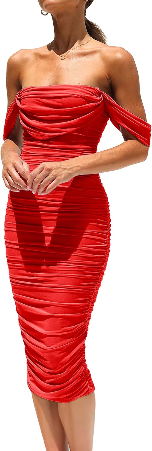 PRETTYGARDEN Women's Off Shoulder Bodycon Tube Midi Dress | Stretchy Ruched Mesh, Draped Sleeves, Elegant Dinner Party Dresses, Spring Summer Outfits for Wedding, Homecoming, Date Night