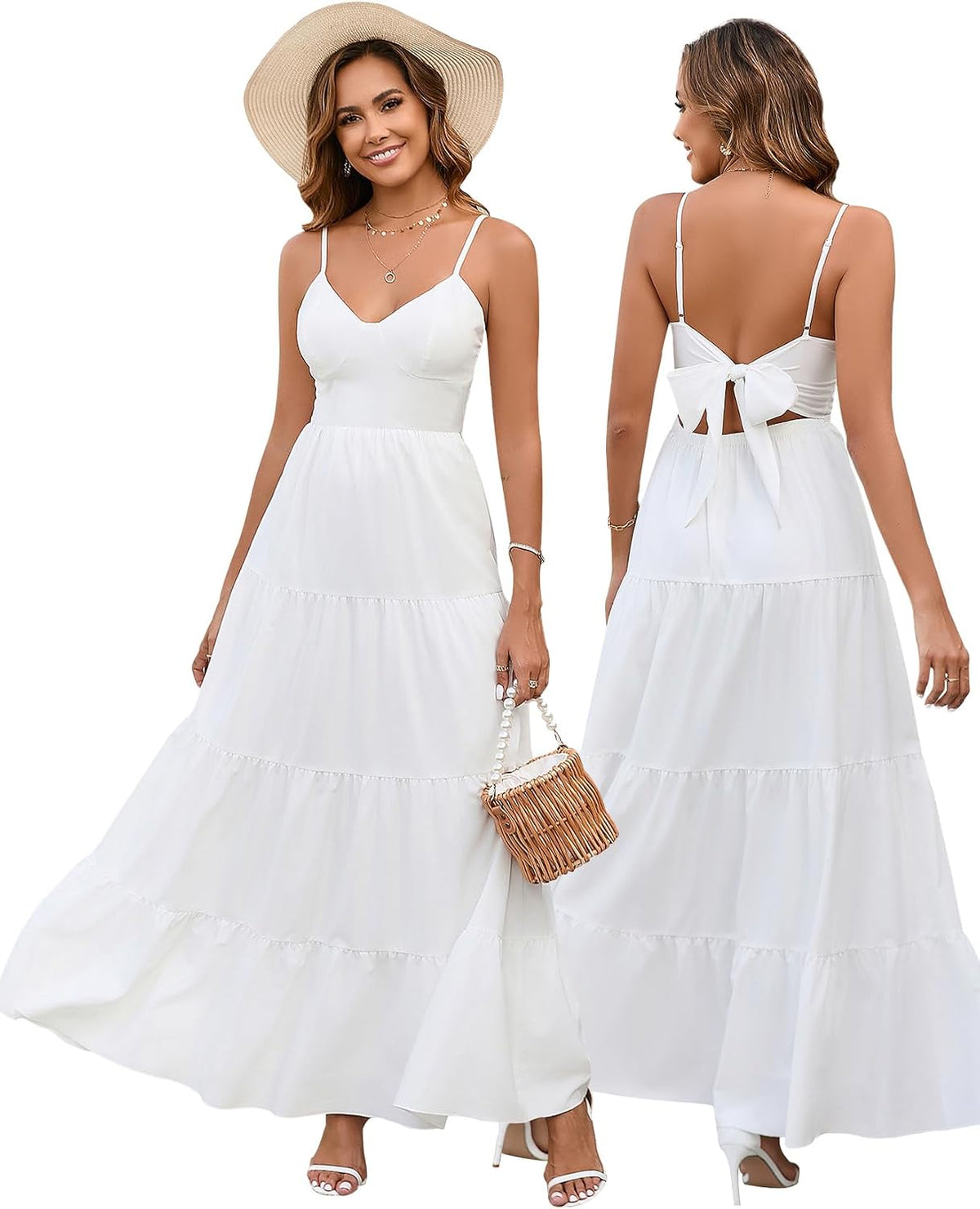 HTZMO Women Summer Floral Maxi Sundress Boho Beach Long Dress | Wedding Guest Bridal baby Shower Vacation Party Dresses 2026, Bow Tie A Line Flowy V Neck Spaghetti Strap