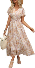 ANRABESS Womens Summer Floral Maxi Dress Casual V Neck Short Sleeve Chiffon Boho Flowy Beach 2026 Wedding Guest Long Dresses