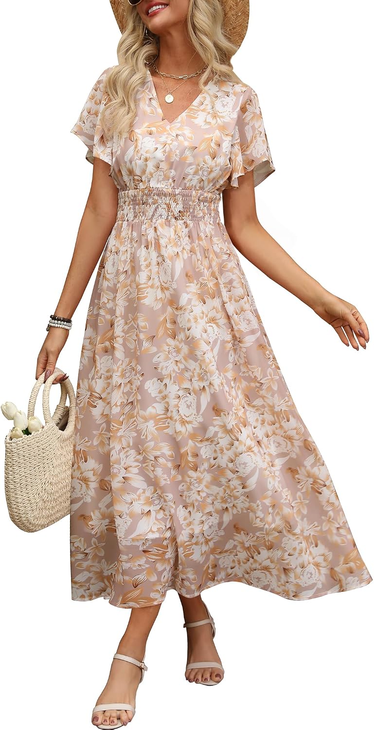 ANRABESS Womens Summer Floral Maxi Dress Casual V Neck Short Sleeve Chiffon Boho Flowy Beach 2026 Wedding Guest Long Dresses