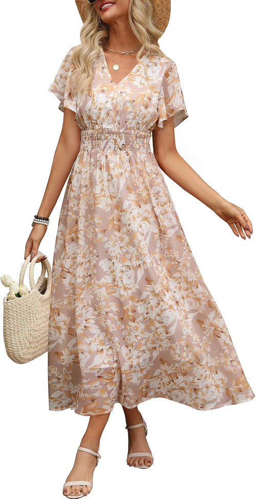 ANRABESS Womens Summer Floral Maxi Dress Casual V Neck Short Sleeve Chiffon Boho Flowy Beach 2026 Wedding Guest Long Dresses