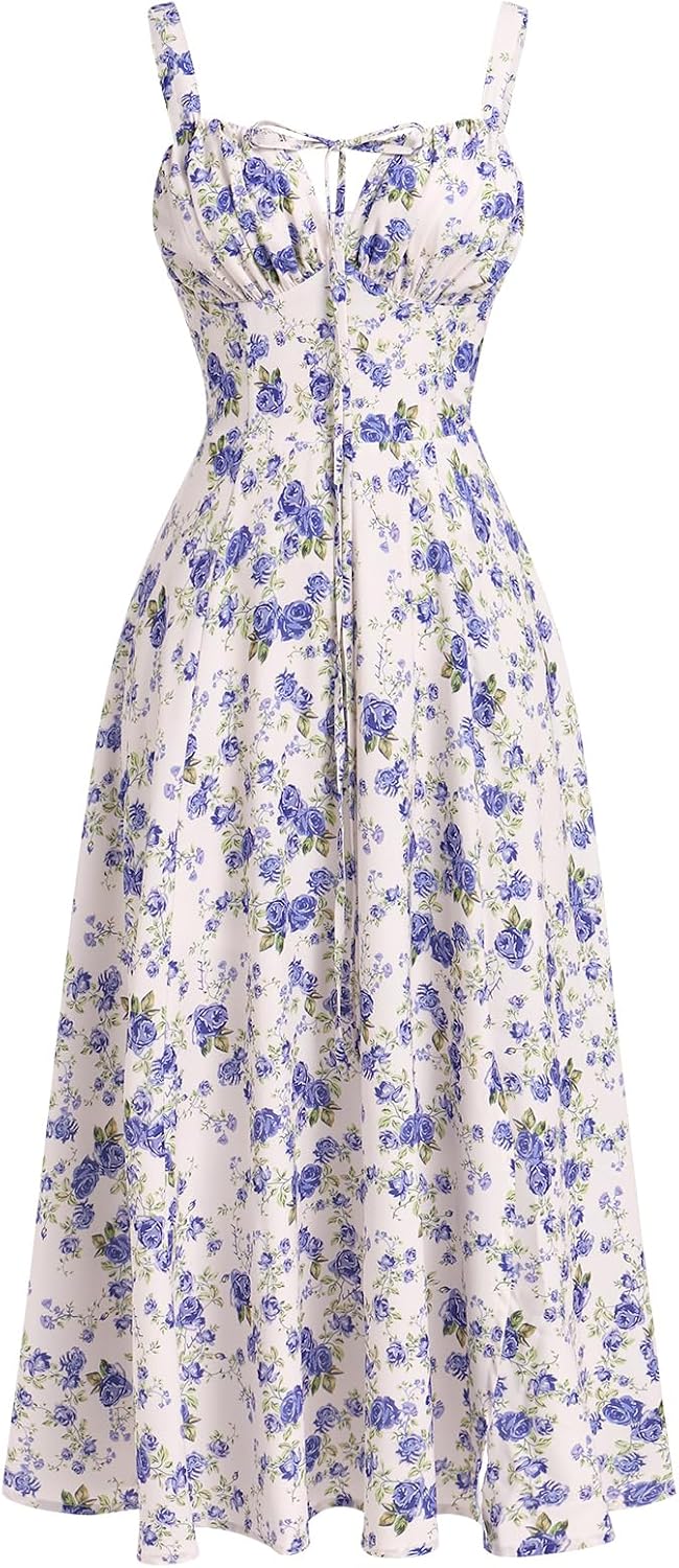 Women's Floral Corset Dress Formal Cocktail Dresses Going Out Casual Sundress Split Thigh Spaghetti Strap Vintage Dress