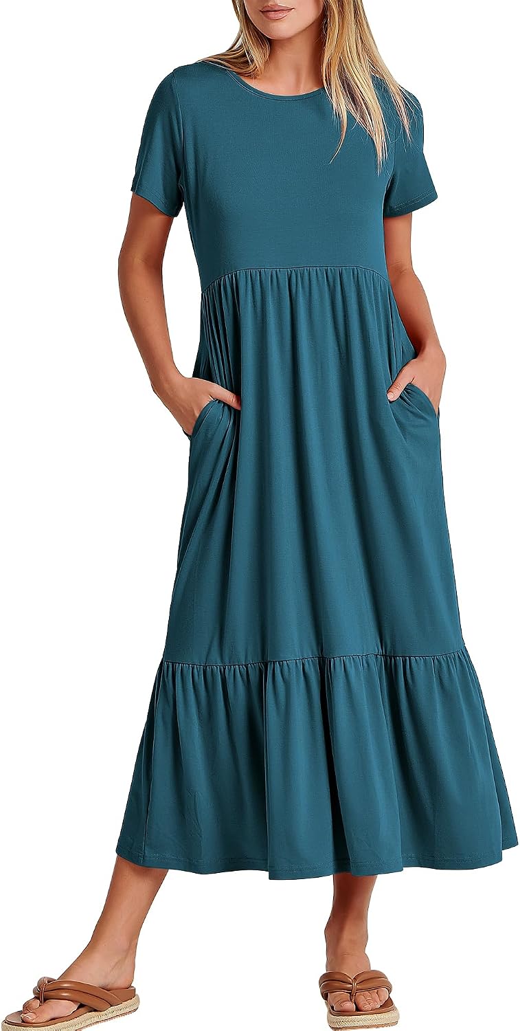 ANRABESS Womens 2026 Summer Casual Short Sleeve Maxi Dress with Pockets | A-Line Tiered Flowy Crewneck T Shirt Dresses，Comfy Modest Long Dress，Beach Travel Vacation Sundress，Work Teacher Outfits