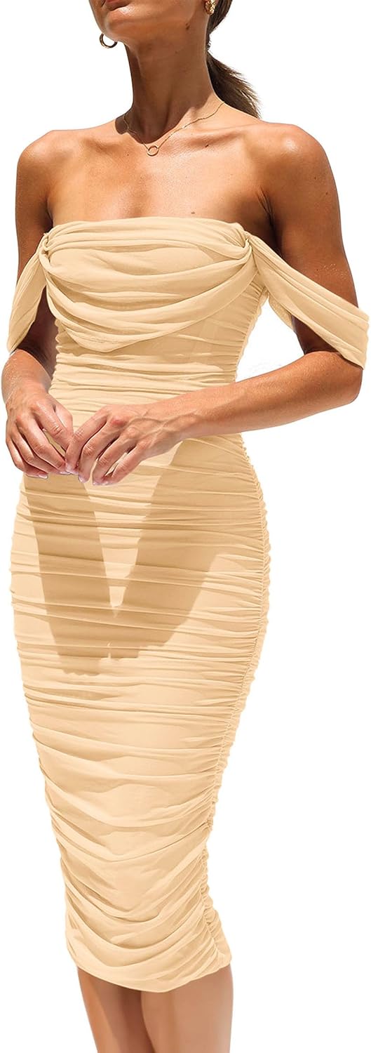 PRETTYGARDEN Women's Off Shoulder Bodycon Tube Midi Dress | Stretchy Ruched Mesh, Draped Sleeves, Elegant Dinner Party Dresses, Spring Summer Outfits for Wedding, Homecoming, Date Night