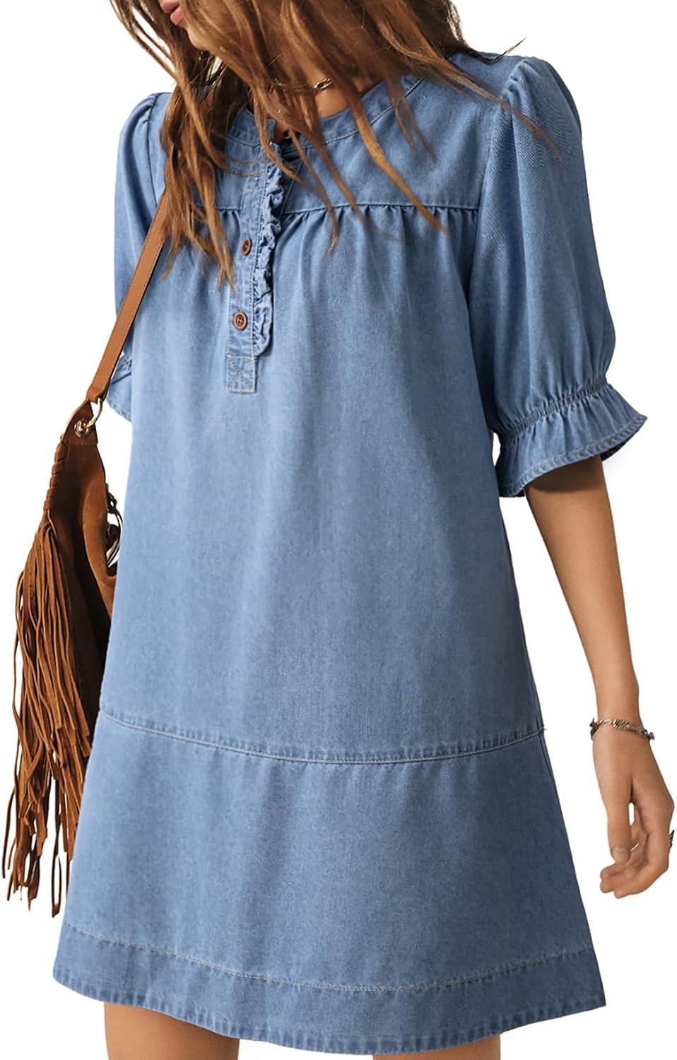 Dokotoo Women's Denim Dress Ruffle Short Sleeve Button Cowgirl Jean Dress | Crewneck,Flare Sleeve,Babydoll,Button Down,Loose Fit,A-Line,Tiered,Country Concert,Cowgirl,Western Outfit,Casual