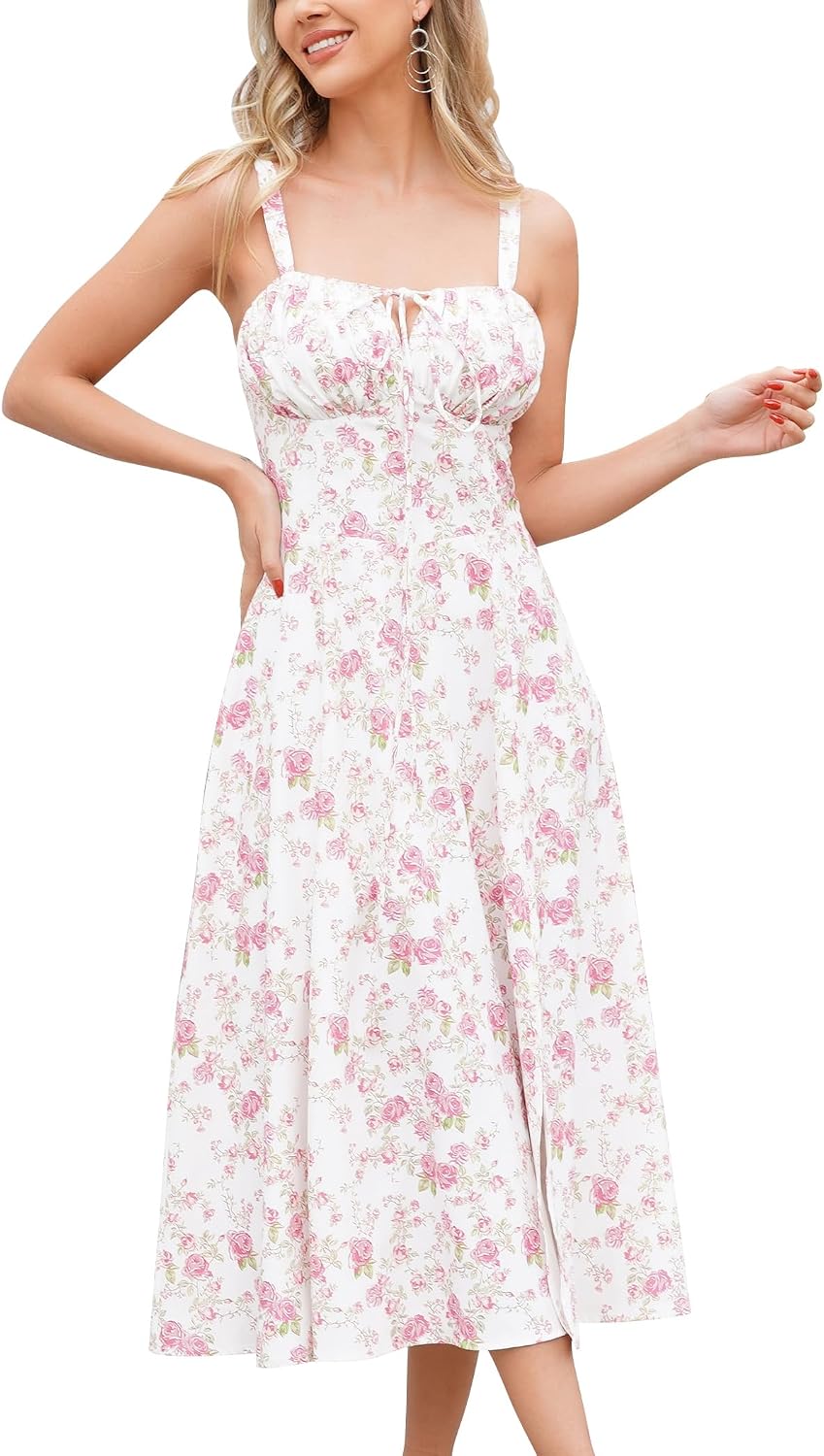 Women's Floral Corset Dress Formal Cocktail Dresses Going Out Casual Sundress Split Thigh Spaghetti Strap Vintage Dress
