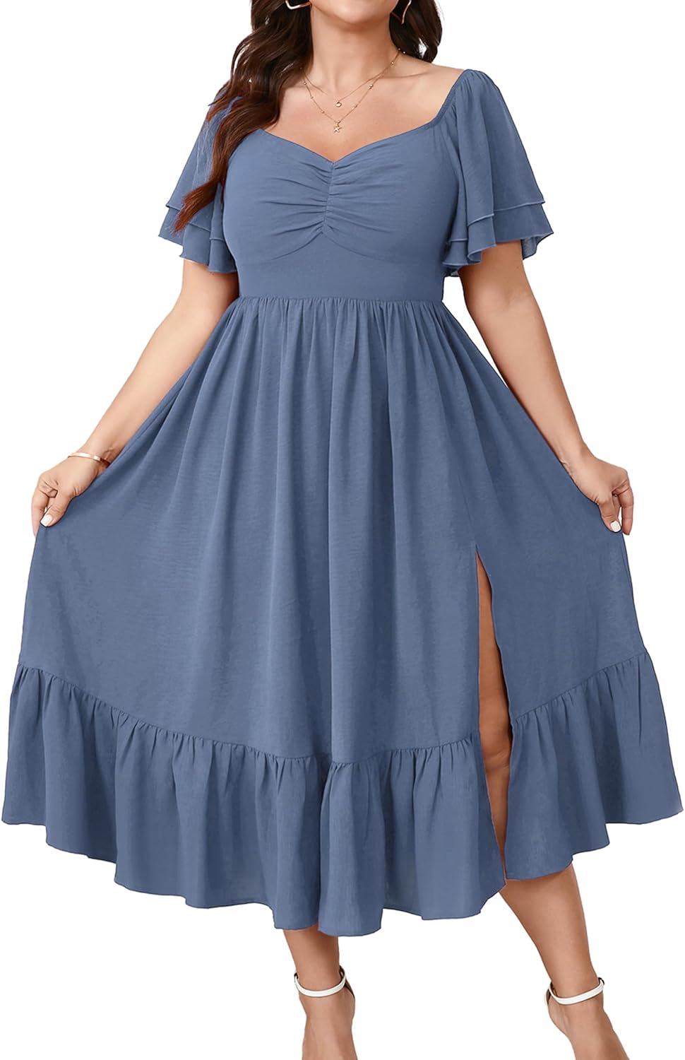 SCOMCHIC Womens Plus Size Wedding Guest Cocktail Dresses | Sweetheart Neckline, Short Sleeve, Smocked, Ruffle Slit, Party, Formal, Summer, Long, Maxi Dress