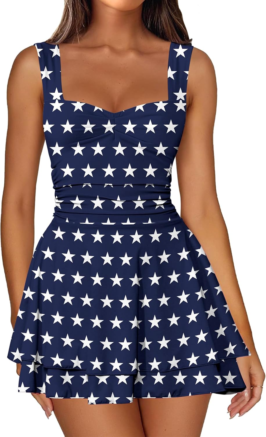 IWD Women's Square Neck Sleeveless Mini Dress Corset A Line Short Dresses | Ruched Waist Flowy Tiered Ruffle Hem Party Dresses