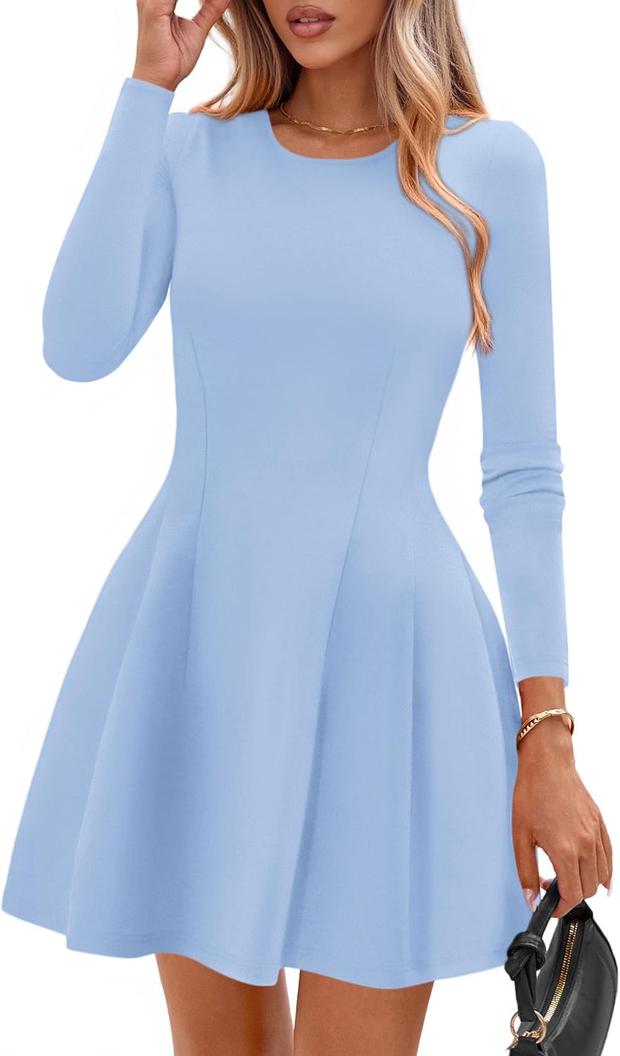 PRETTYGARDEN Womens Long Sleeve Pleated Mini Dress | Soft Knit Fabric, A Line Babydoll Fit, Crewneck Short Dresses, Casual Party Date Night Outfits, Fall Winter Trendy Clothes